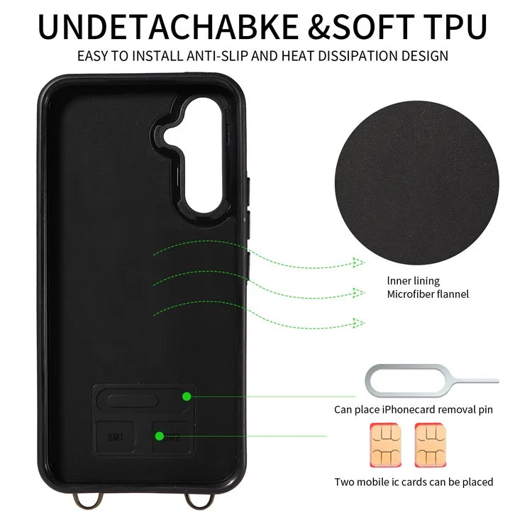 007 For Samsung Galaxy A25 5G (Global) (161.0 X 76.5 X 8.3mm) Case Leather Crossbody Phone Cover Card Holder Kickstand