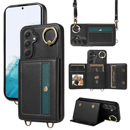 007 For Samsung Galaxy A25 5G (Global) (161.0 X 76.5 X 8.3mm) Case Leather Crossbody Phone Cover Card Holder Kickstand
