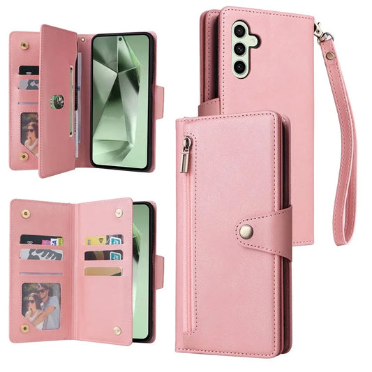 For Samsung Galaxy S24 FE Case Rivet Decor Zipper Pocket Leather Phone Cover