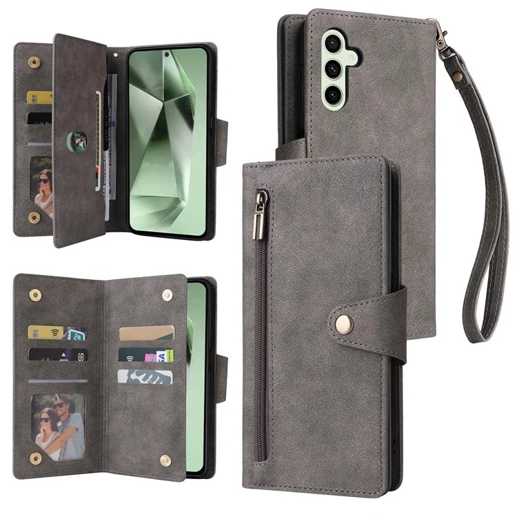 For Samsung Galaxy S24 FE Case Rivet Decor Zipper Pocket Leather Phone Cover