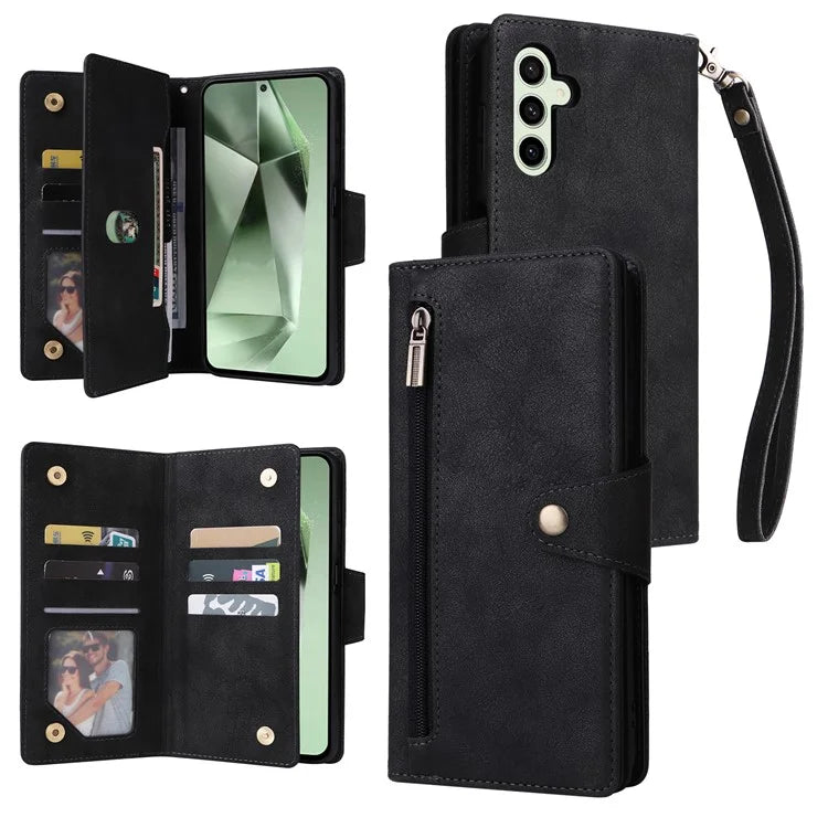 For Samsung Galaxy S24 FE Case Rivet Decor Zipper Pocket Leather Phone Cover