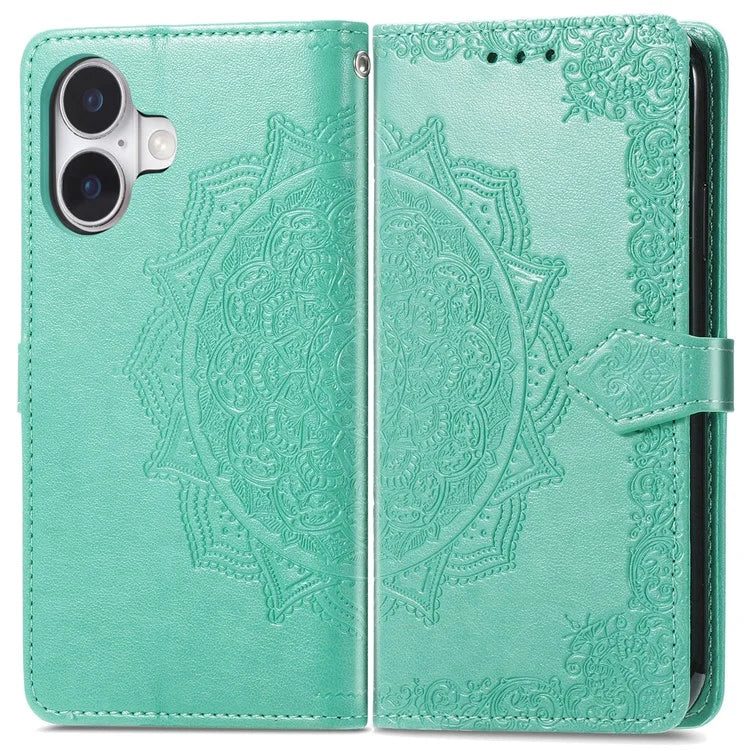 For iPhone 16 Case Embossed Mandala Pattern Leather Phone Cover Wallet Card Slot Holder