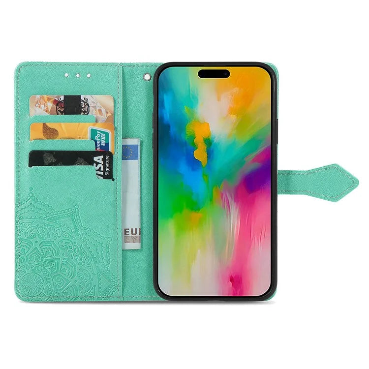 For iPhone 16 Case Embossed Mandala Pattern Leather Phone Cover Wallet Card Slot Holder