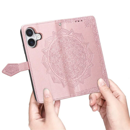 For iPhone 16 Case Embossed Mandala Pattern Leather Phone Cover Wallet Card Slot Holder