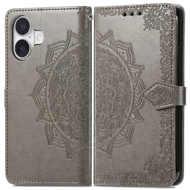 For iPhone 16 Case Embossed Mandala Pattern Leather Phone Cover Wallet Card Slot Holder