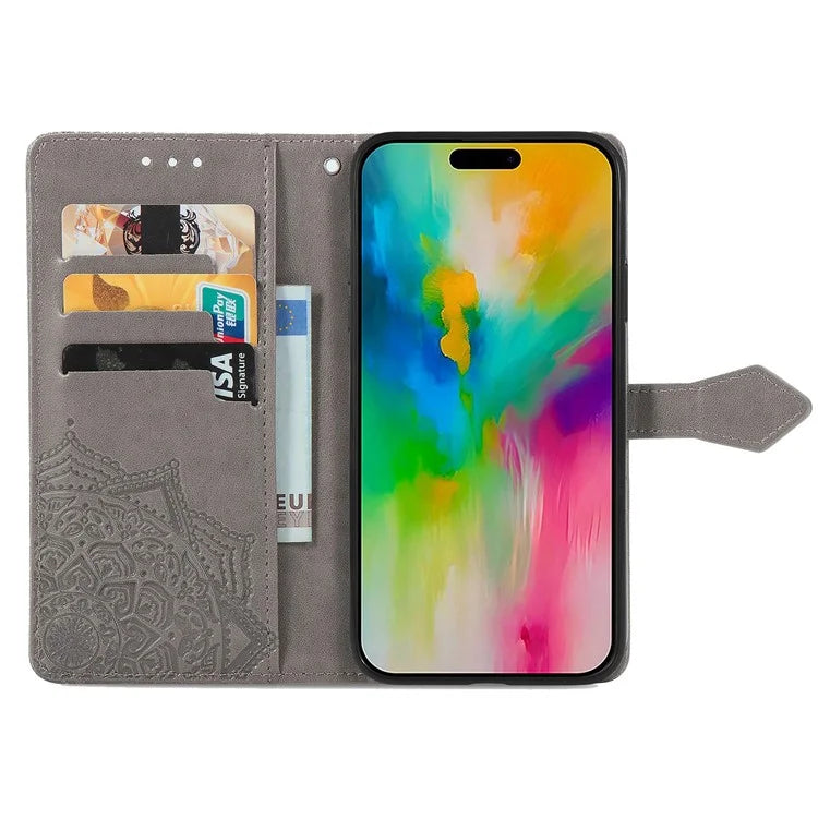 For iPhone 16 Case Embossed Mandala Pattern Leather Phone Cover Wallet Card Slot Holder