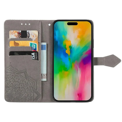 For iPhone 16 Case Embossed Mandala Pattern Leather Phone Cover Wallet Card Slot Holder