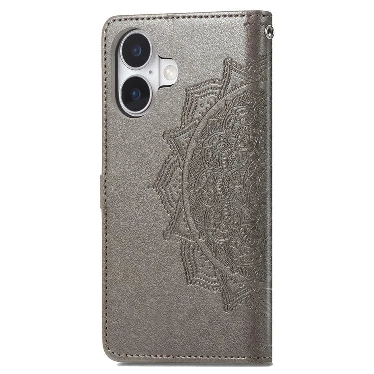 For iPhone 16 Case Embossed Mandala Pattern Leather Phone Cover Wallet Card Slot Holder