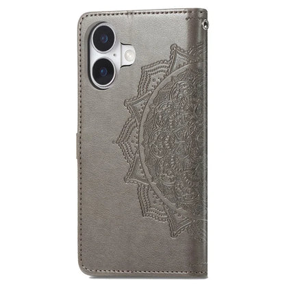 For iPhone 16 Case Embossed Mandala Pattern Leather Phone Cover Wallet Card Slot Holder