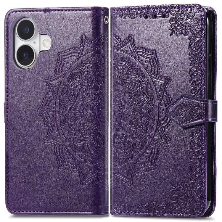 For iPhone 16 Case Embossed Mandala Pattern Leather Phone Cover Wallet Card Slot Holder