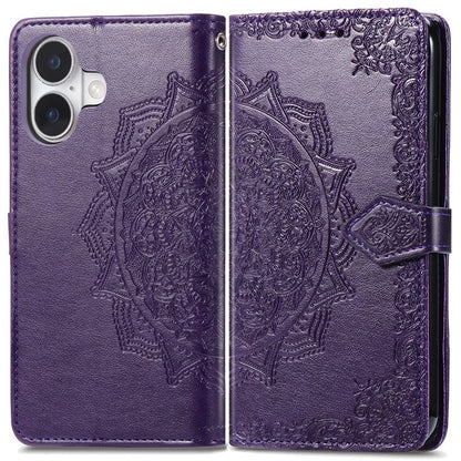 For iPhone 16 Case Embossed Mandala Pattern Leather Phone Cover Wallet Card Slot Holder