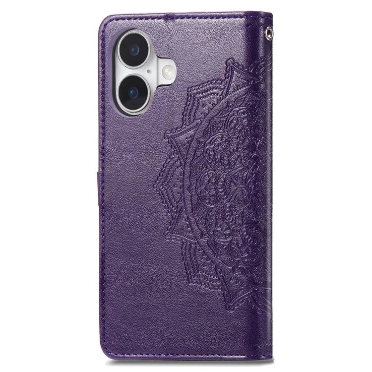 For iPhone 16 Case Embossed Mandala Pattern Leather Phone Cover Wallet Card Slot Holder