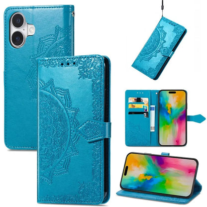 For iPhone 16 Case Embossed Mandala Pattern Leather Phone Cover Wallet Card Slot Holder
