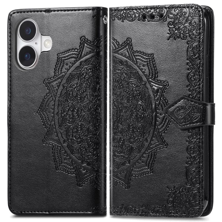 For iPhone 16 Case Embossed Mandala Pattern Leather Phone Cover Wallet Card Slot Holder
