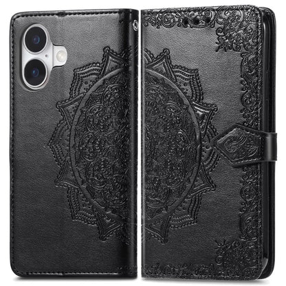 For iPhone 16 Case Embossed Mandala Pattern Leather Phone Cover Wallet Card Slot Holder