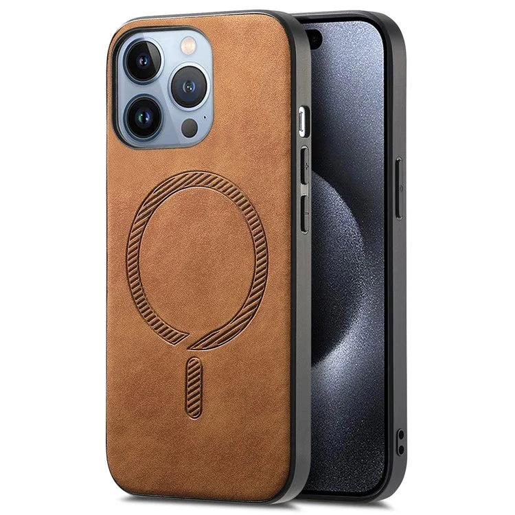 For iPhone 15 Pro Leather Back Case Compatible with MagSafe Skin-Touch Phone Cover