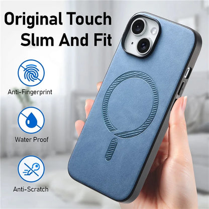 For iPhone 15 Leather Back Case Compatible with MagSafe Skin-Touch Phone Cover