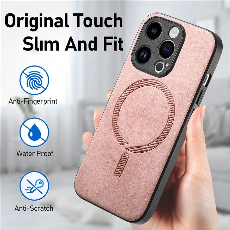 For iPhone 14 Pro Leather Back Case Compatible with MagSafe Skin-Touch Phone Cover
