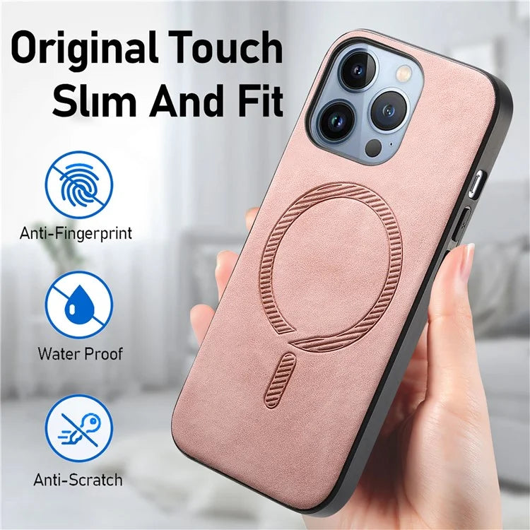 For iPhone 13 Pro Leather Back Case Compatible with MagSafe Skin-Touch Phone Cover