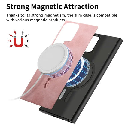 For Samsung Galaxy S24 Ultra Leather Back Case Compatible with MagSafe Skin-Touch Phone Cover