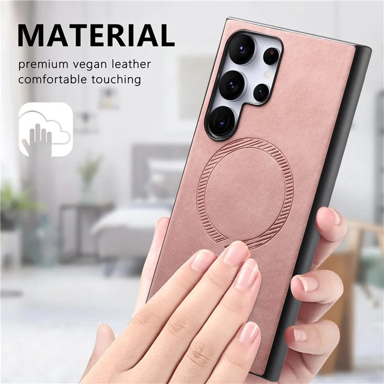 For Samsung Galaxy S24 Ultra Leather Back Case Compatible with MagSafe Skin-Touch Phone Cover