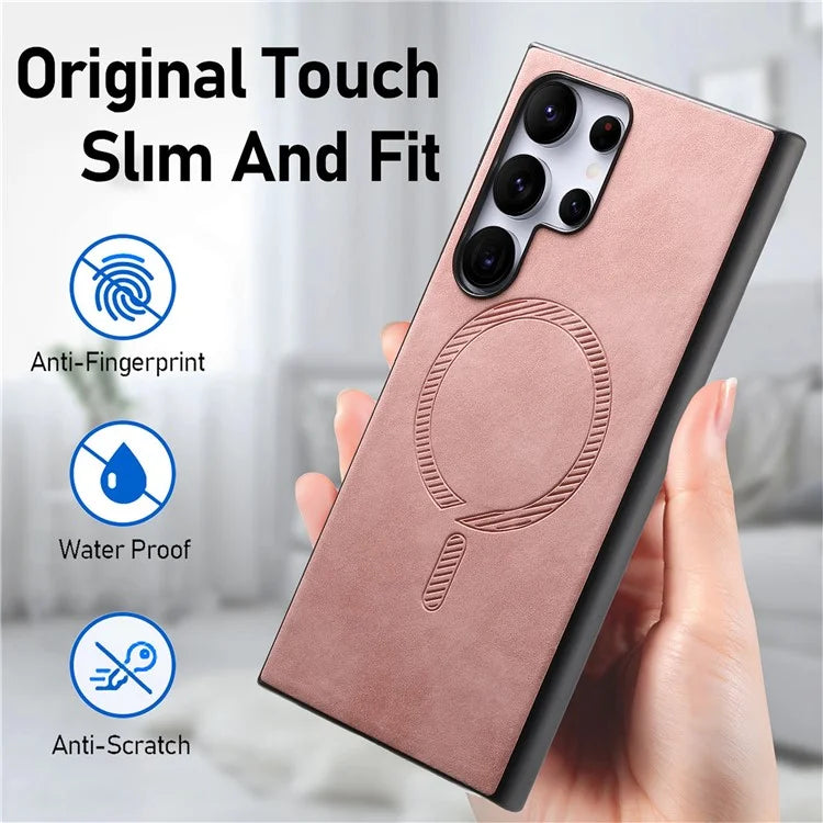 For Samsung Galaxy S24 Ultra Leather Back Case Compatible with MagSafe Skin-Touch Phone Cover