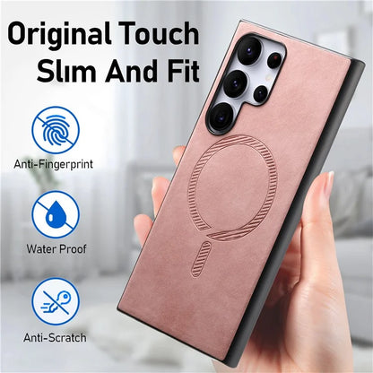 For Samsung Galaxy S24 Ultra Leather Back Case Compatible with MagSafe Skin-Touch Phone Cover