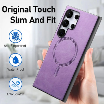 For Samsung Galaxy S24 Ultra Leather Back Case Compatible with MagSafe Skin-Touch Phone Cover