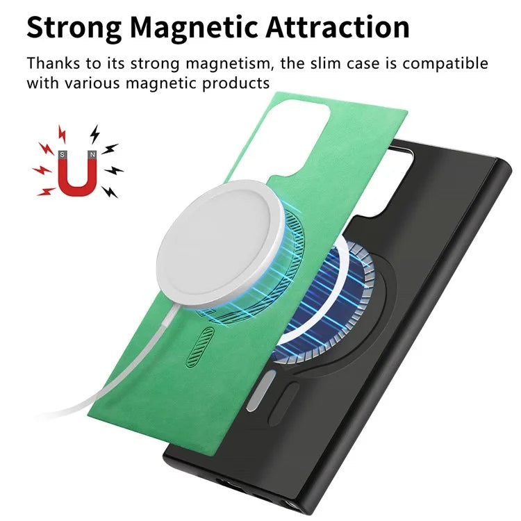 For Samsung Galaxy S24 Ultra Leather Back Case Compatible with MagSafe Skin-Touch Phone Cover