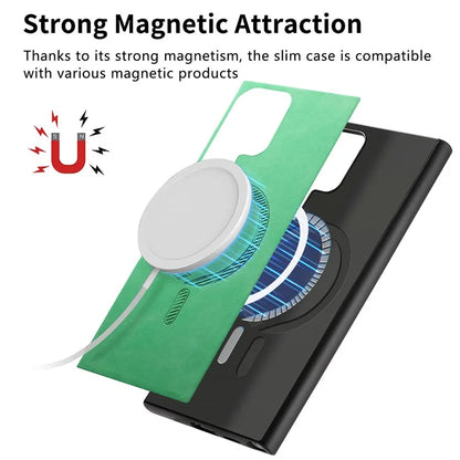 For Samsung Galaxy S24 Ultra Leather Back Case Compatible with MagSafe Skin-Touch Phone Cover