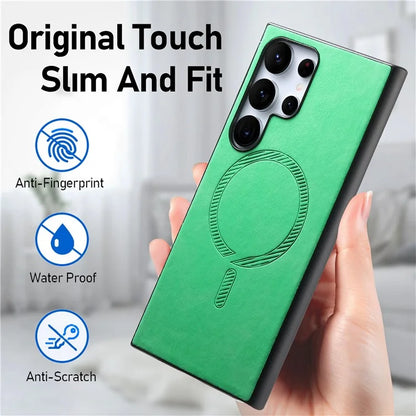 For Samsung Galaxy S24 Ultra Leather Back Case Compatible with MagSafe Skin-Touch Phone Cover