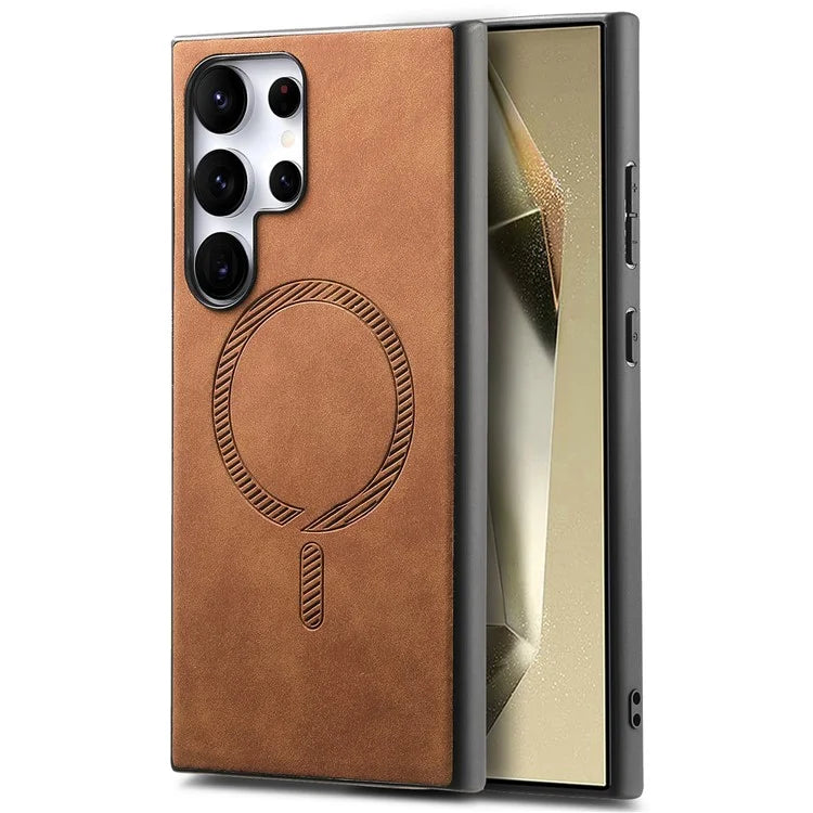 For Samsung Galaxy S24 Ultra Leather Back Case Compatible with MagSafe Skin-Touch Phone Cover