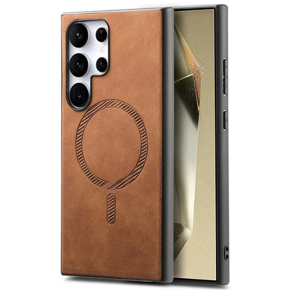 For Samsung Galaxy S24 Ultra Leather Back Case Compatible with MagSafe Skin-Touch Phone Cover