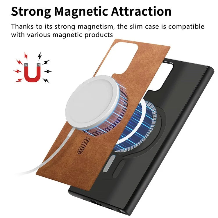 For Samsung Galaxy S24 Ultra Leather Back Case Compatible with MagSafe Skin-Touch Phone Cover
