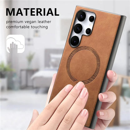 For Samsung Galaxy S24 Ultra Leather Back Case Compatible with MagSafe Skin-Touch Phone Cover