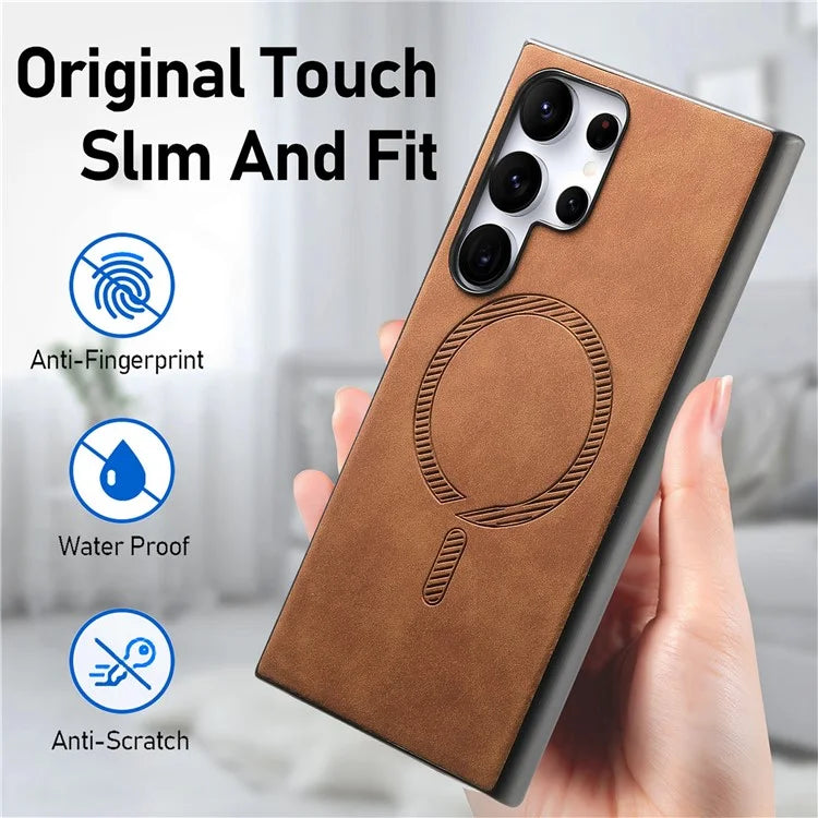 For Samsung Galaxy S24 Ultra Leather Back Case Compatible with MagSafe Skin-Touch Phone Cover