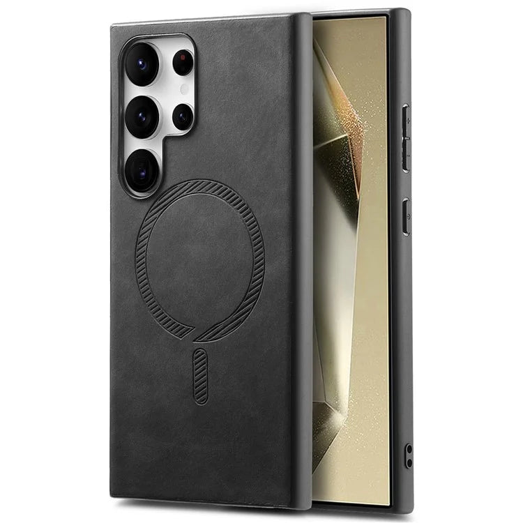 For Samsung Galaxy S24 Ultra Leather Back Case Compatible with MagSafe Skin-Touch Phone Cover
