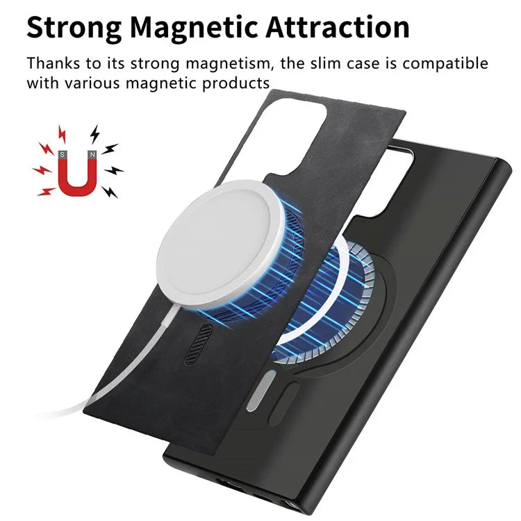For Samsung Galaxy S24 Ultra Leather Back Case Compatible with MagSafe Skin-Touch Phone Cover