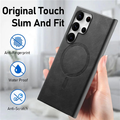 For Samsung Galaxy S24 Ultra Leather Back Case Compatible with MagSafe Skin-Touch Phone Cover