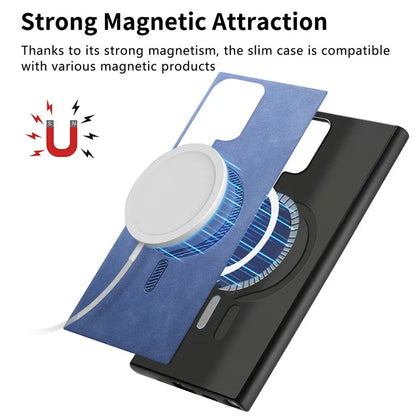 For Samsung Galaxy S24 Ultra Leather Back Case Compatible with MagSafe Skin-Touch Phone Cover