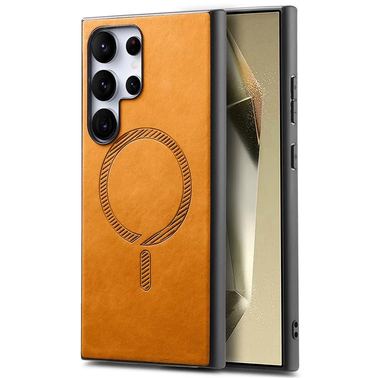 For Samsung Galaxy S24 Ultra Leather Back Case Compatible with MagSafe Skin-Touch Phone Cover