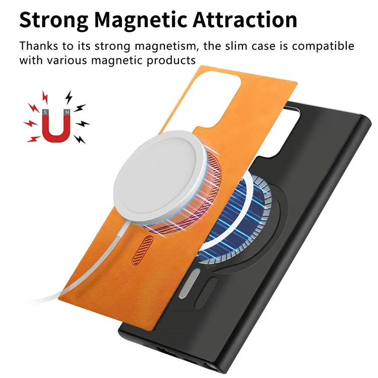 For Samsung Galaxy S24 Ultra Leather Back Case Compatible with MagSafe Skin-Touch Phone Cover