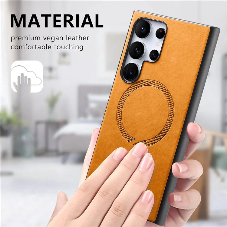 For Samsung Galaxy S24 Ultra Leather Back Case Compatible with MagSafe Skin-Touch Phone Cover