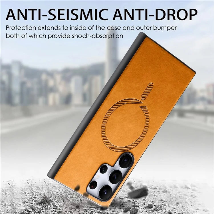 For Samsung Galaxy S24 Ultra Leather Back Case Compatible with MagSafe Skin-Touch Phone Cover