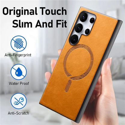 For Samsung Galaxy S24 Ultra Leather Back Case Compatible with MagSafe Skin-Touch Phone Cover