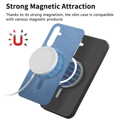 For Samsung Galaxy S24+ Leather Back Case Compatible with MagSafe Skin-Touch Phone Cover