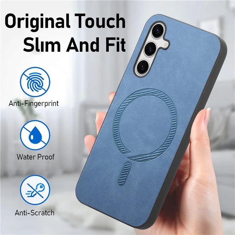 For Samsung Galaxy S24+ Leather Back Case Compatible with MagSafe Skin-Touch Phone Cover