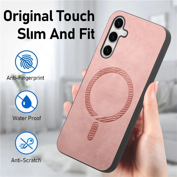 For Samsung Galaxy S24+ Leather Back Case Compatible with MagSafe Skin-Touch Phone Cover