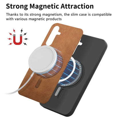 For Samsung Galaxy S24+ Leather Back Case Compatible with MagSafe Skin-Touch Phone Cover