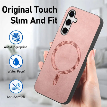 For Samsung Galaxy S24+ Leather Back Case Compatible with MagSafe Skin-Touch Phone Cover